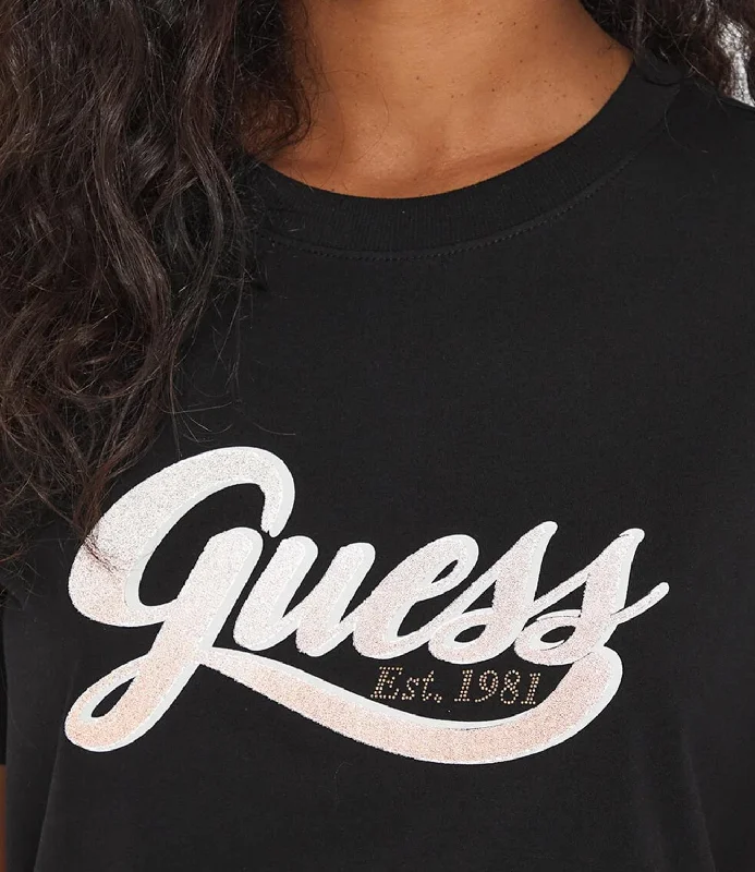 Guess T-shirt Glittery Logo Nero Donna