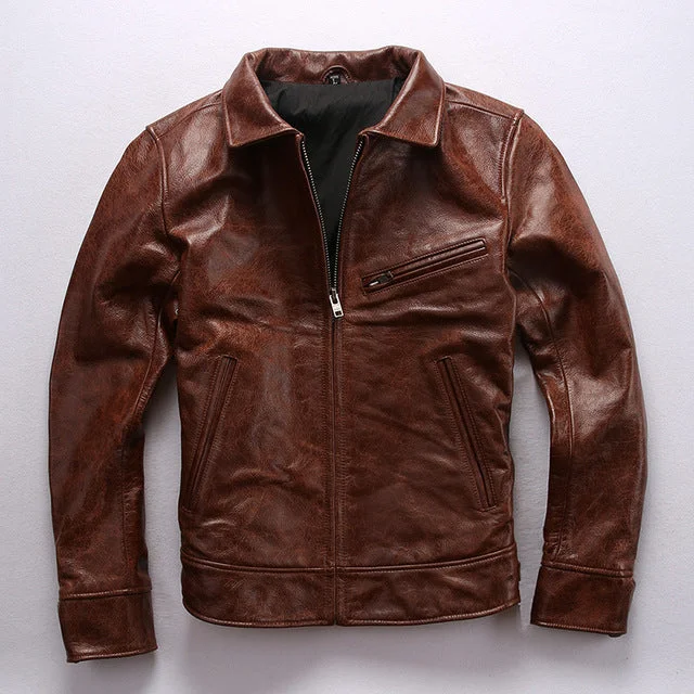 2019 New Men Brown Oil wax Cowskin Motorcycle Leather Jacket Men Fashion Thick Cowhide bomber Jacket Russia Free Shipping