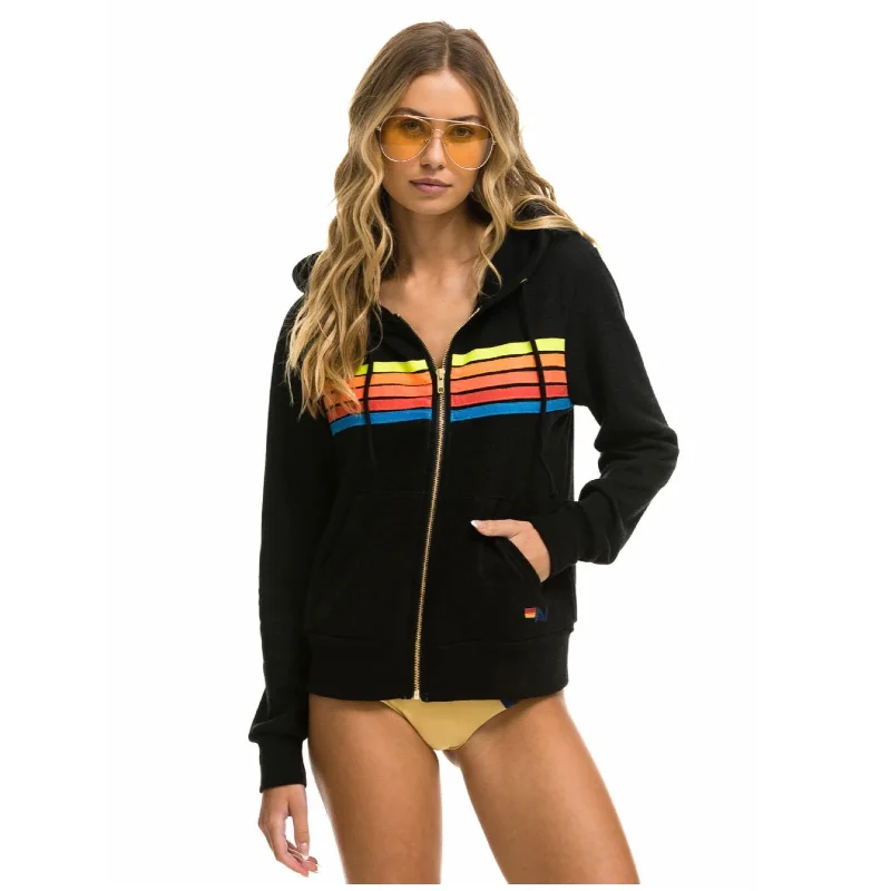 Aviator Nation 5 Stripe Zip Hoodie Black/Neon Rainbow