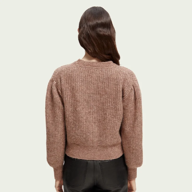 Knitted Crewneck Cardigan with Puffed Sleeves