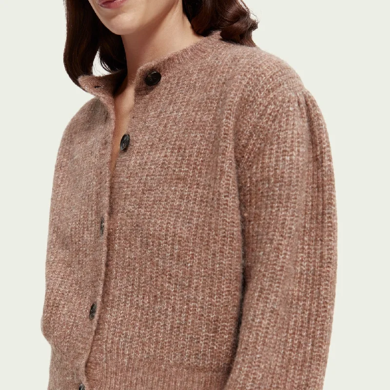 Knitted Crewneck Cardigan with Puffed Sleeves