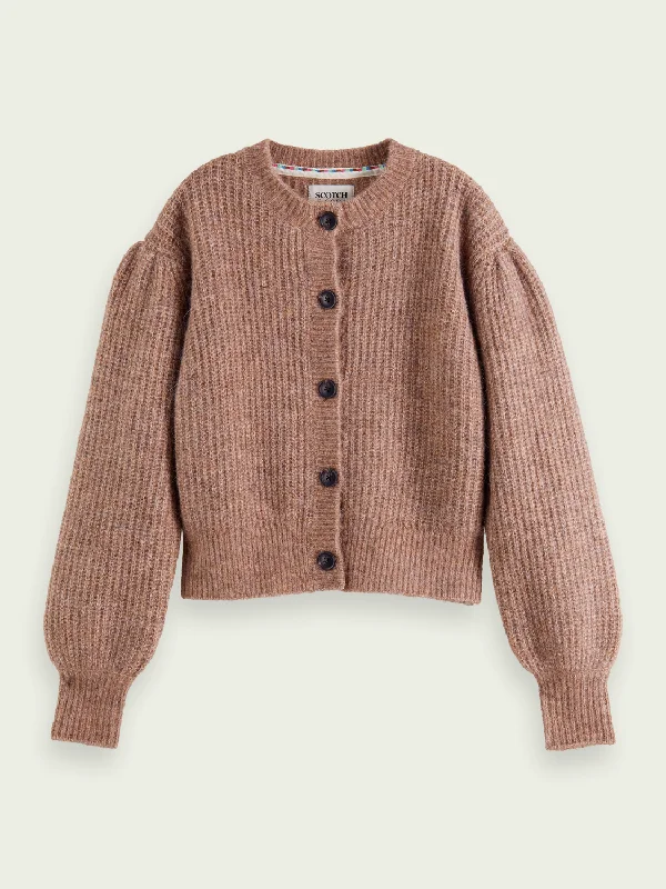 Knitted Crewneck Cardigan with Puffed Sleeves