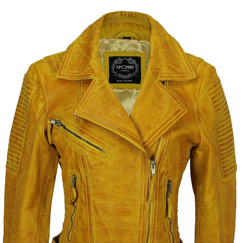 LADIES BIKER LEATHER JACKET IN YELLOW