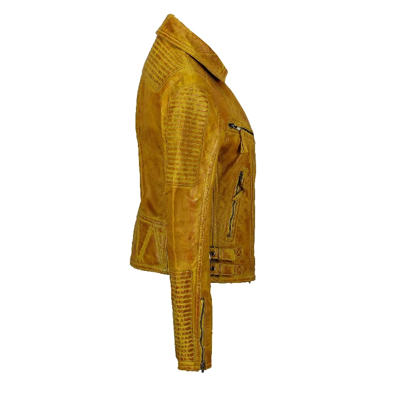 LADIES BIKER LEATHER JACKET IN YELLOW