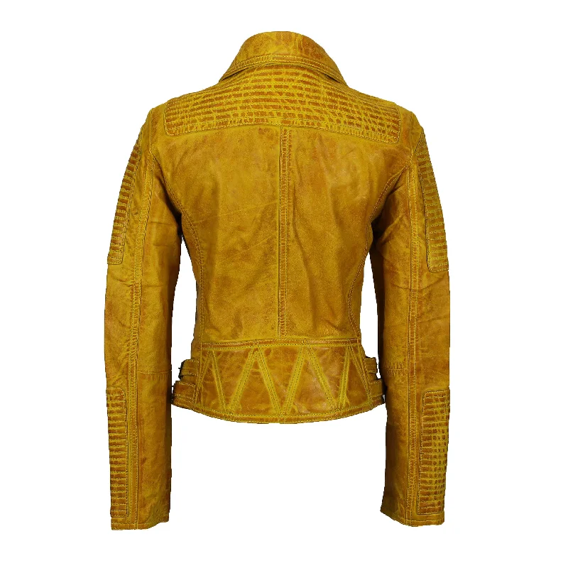 LADIES BIKER LEATHER JACKET IN YELLOW