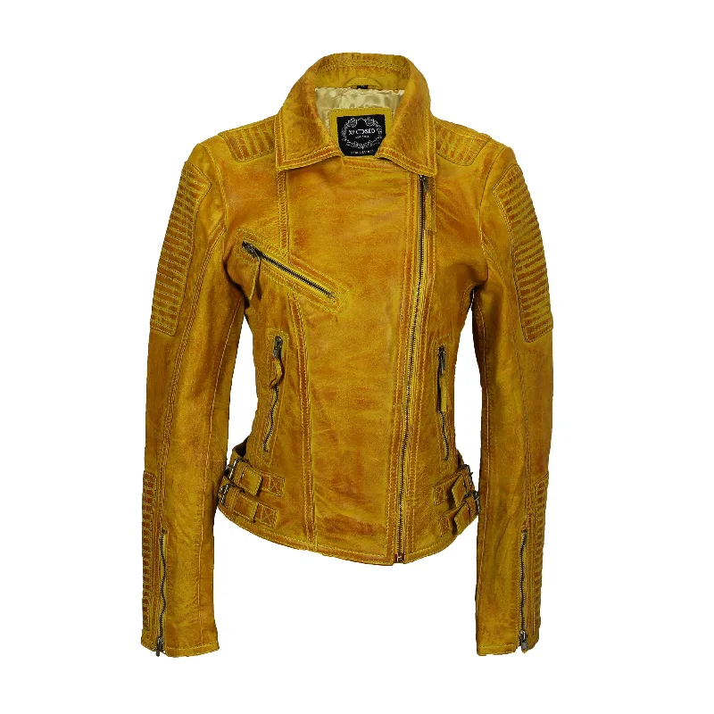 LADIES BIKER LEATHER JACKET IN YELLOW