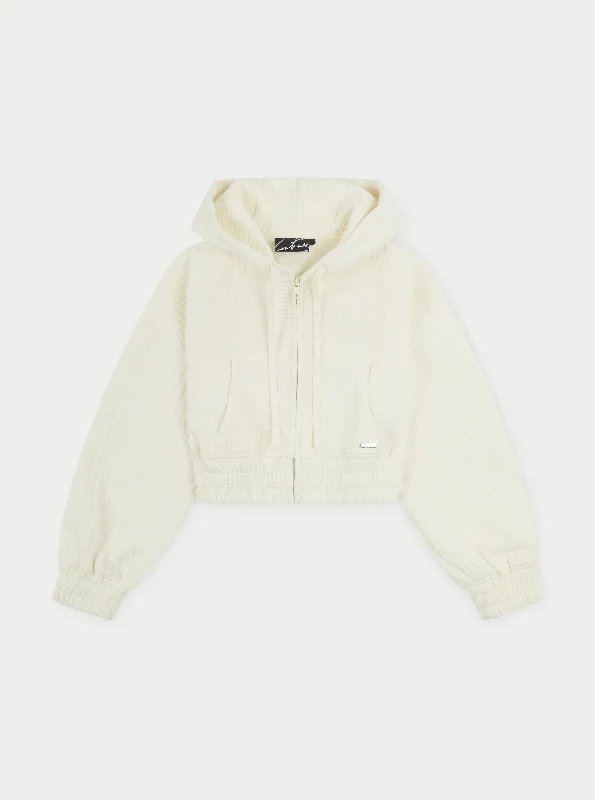 WAFFLE CROPPED ZIP THROUGH CROPPED HOODIE - CREAM