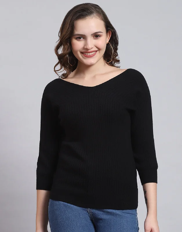 Women Black Solid V Neck 3/4 Sleeve Sweater