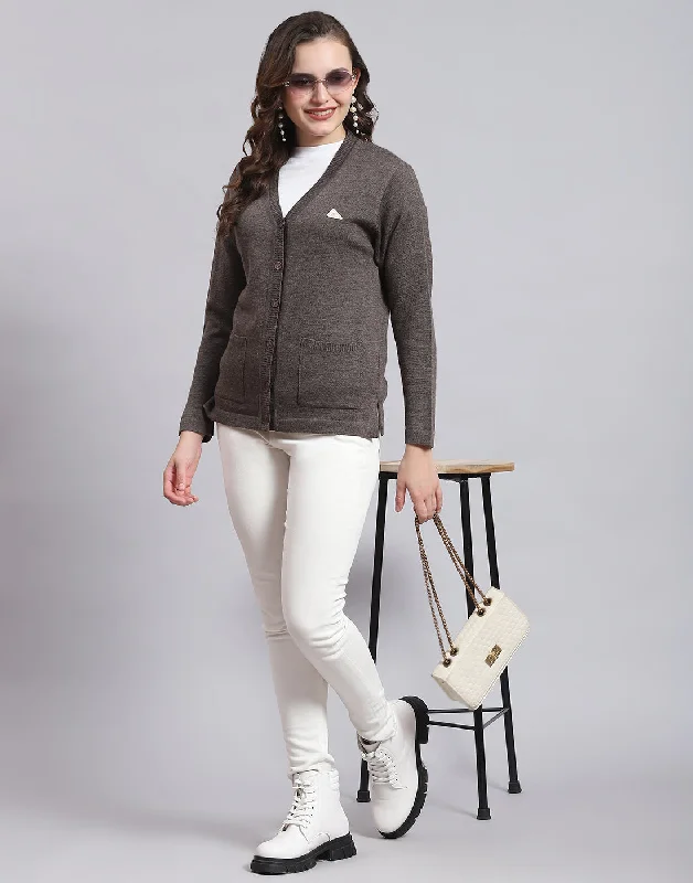 Women Grey Solid V Neck Full Sleeve Sweater