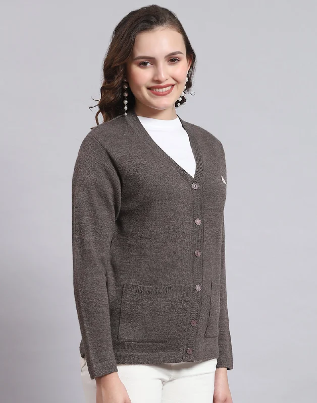 Women Grey Solid V Neck Full Sleeve Sweater