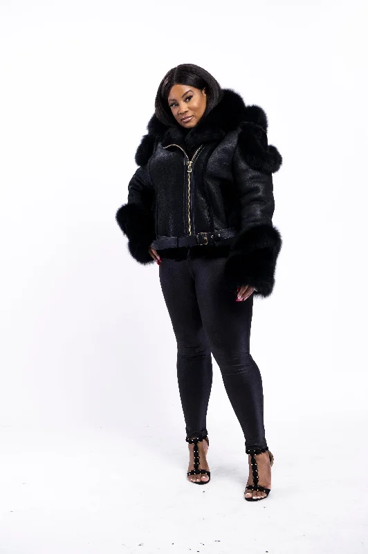 Women's Angela Real Sheepskin Biker Jacket With Fox