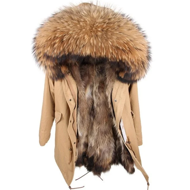 Women's Long Winter Parka Jacket with Natural Raccoon Fur Hood