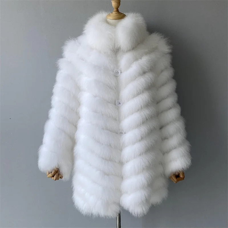 Women's Winter Warm Fluffy Real Fox Fur Silk Double-Sided Wear Long Jacket