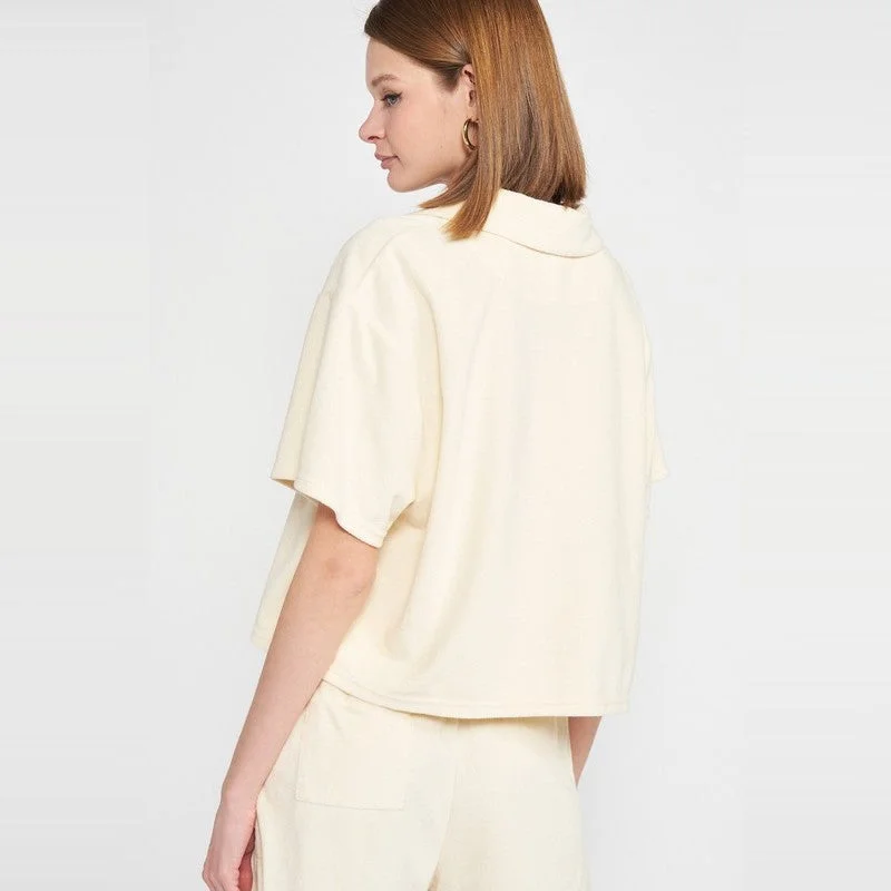 Boxy Short Sleeve Button Up Top (Cream)