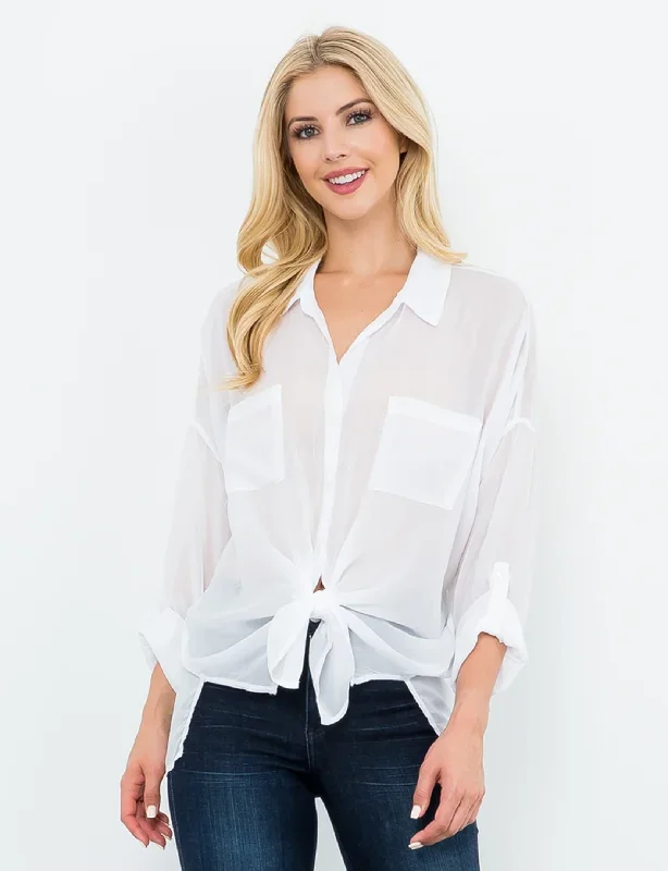 Cargo Button Down Tie Top, Optic White