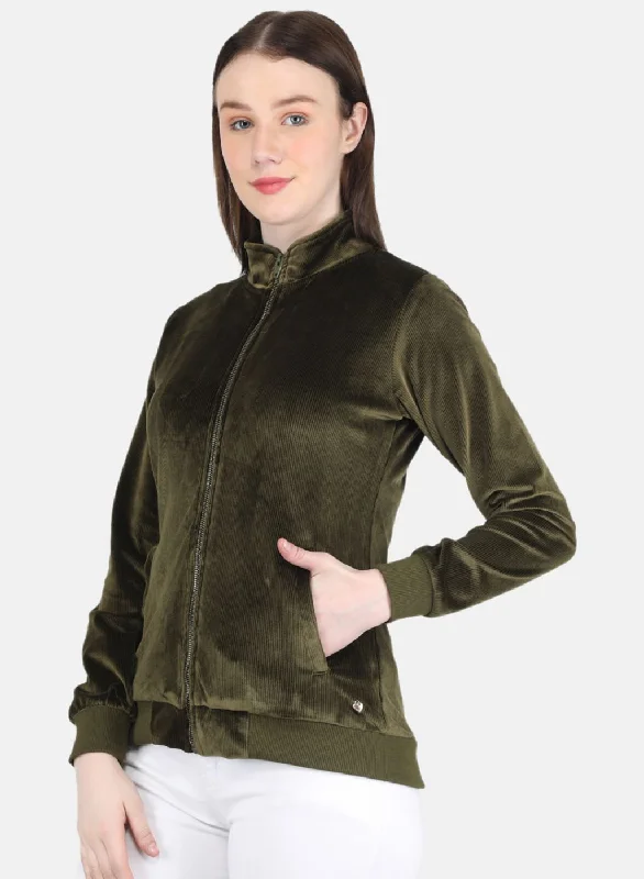 Women Olive Self Design Sweatshirt