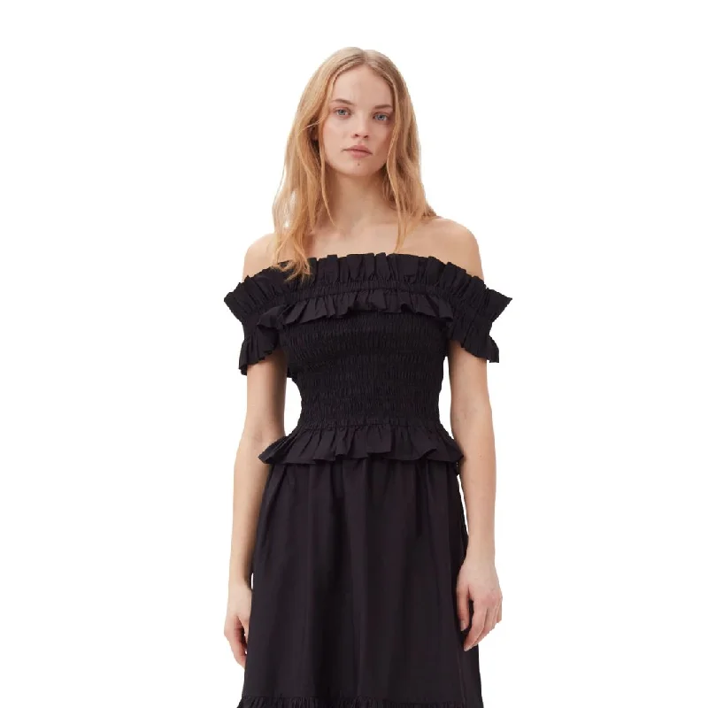 Poplin Off-Shoulder Smock Top (Black)