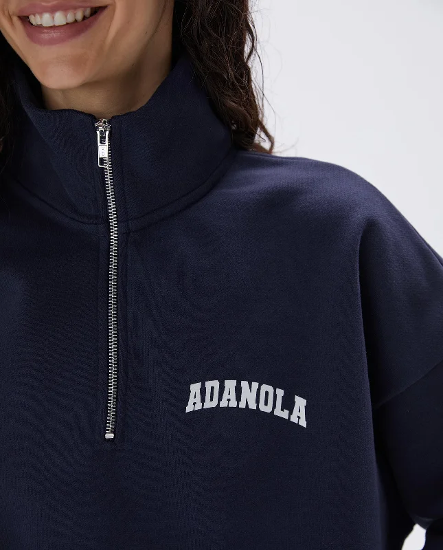 Varsity Oversized Funnel Neck Zip Sweatshirt - Navy Blue