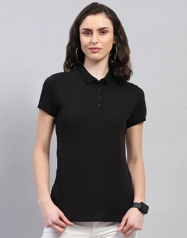 Women Black Solid Polo Collar Half Sleeve T Shirt