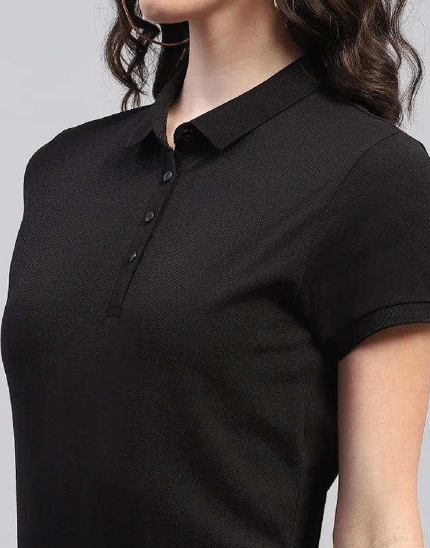 Women Black Solid Polo Collar Half Sleeve T Shirt