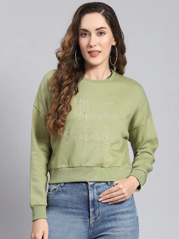 Women Green Embroidered Round Neck Full Sleeve Sweatshirts