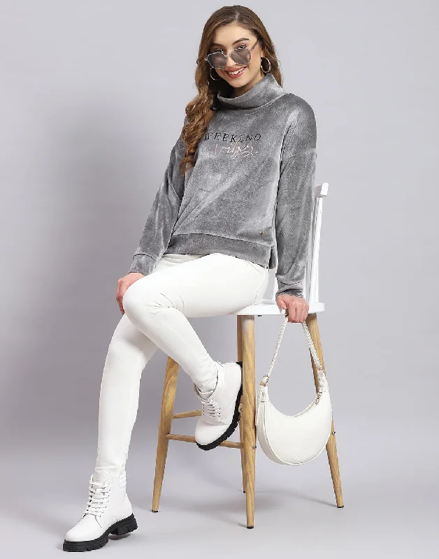 Women Grey Printed H Neck Full Sleeve Sweatshirt