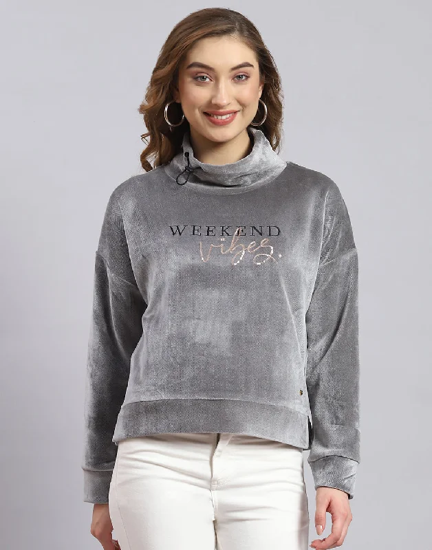 Women Grey Printed H Neck Full Sleeve Sweatshirt