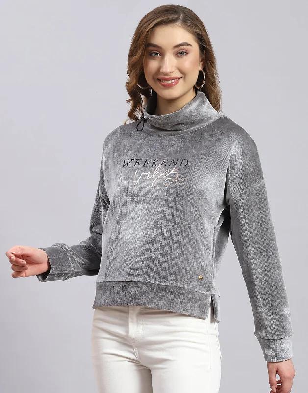 Women Grey Printed H Neck Full Sleeve Sweatshirt