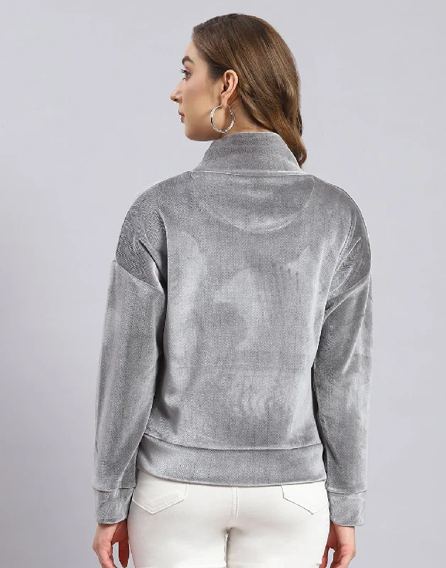 Women Grey Printed H Neck Full Sleeve Sweatshirt