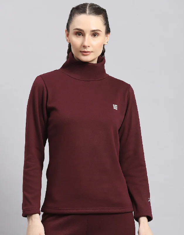 Women Maroon Solid T Neck Full Sleeve Sweatshirt