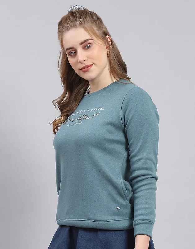 Women Teal Blue Printed Round Neck Full Sleeve Sweatshirt